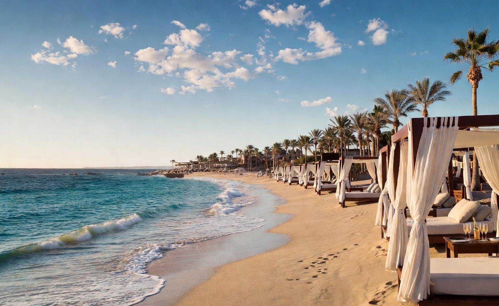 Quiet adults-only beach cove with shaded daybeds and a calm shoreline.