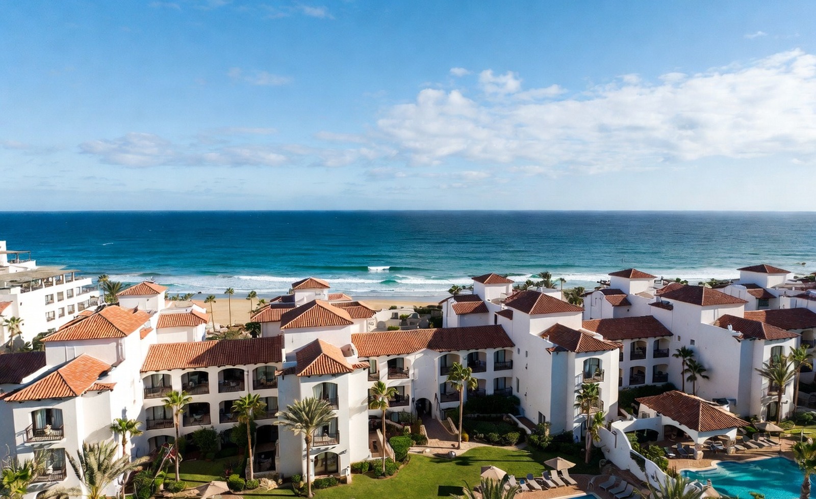 Luxury family resort pool with cabanas, palms, and a bright lagoon-style layout.