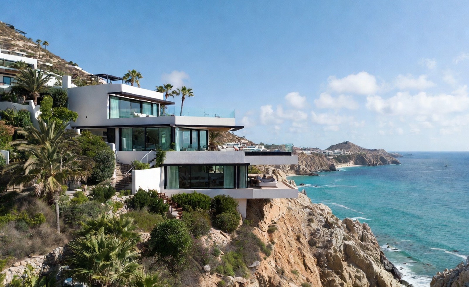 A cliffside luxury villa overlooking clear blue water.