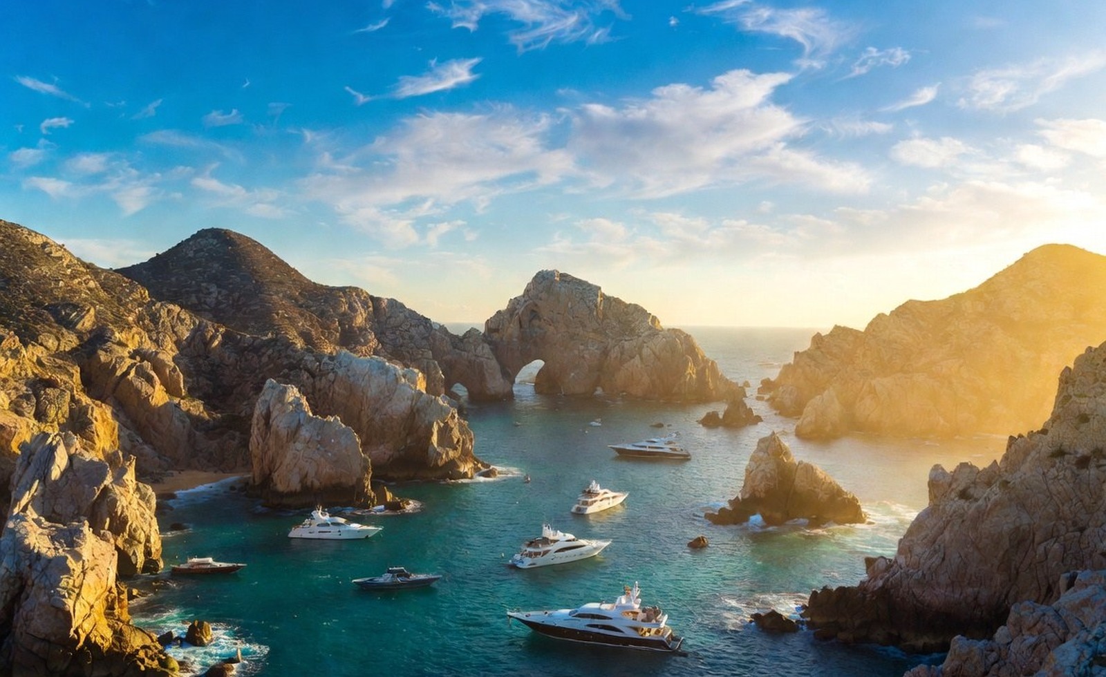 Golden-hour boats drifting between dramatic coastal rock formations.