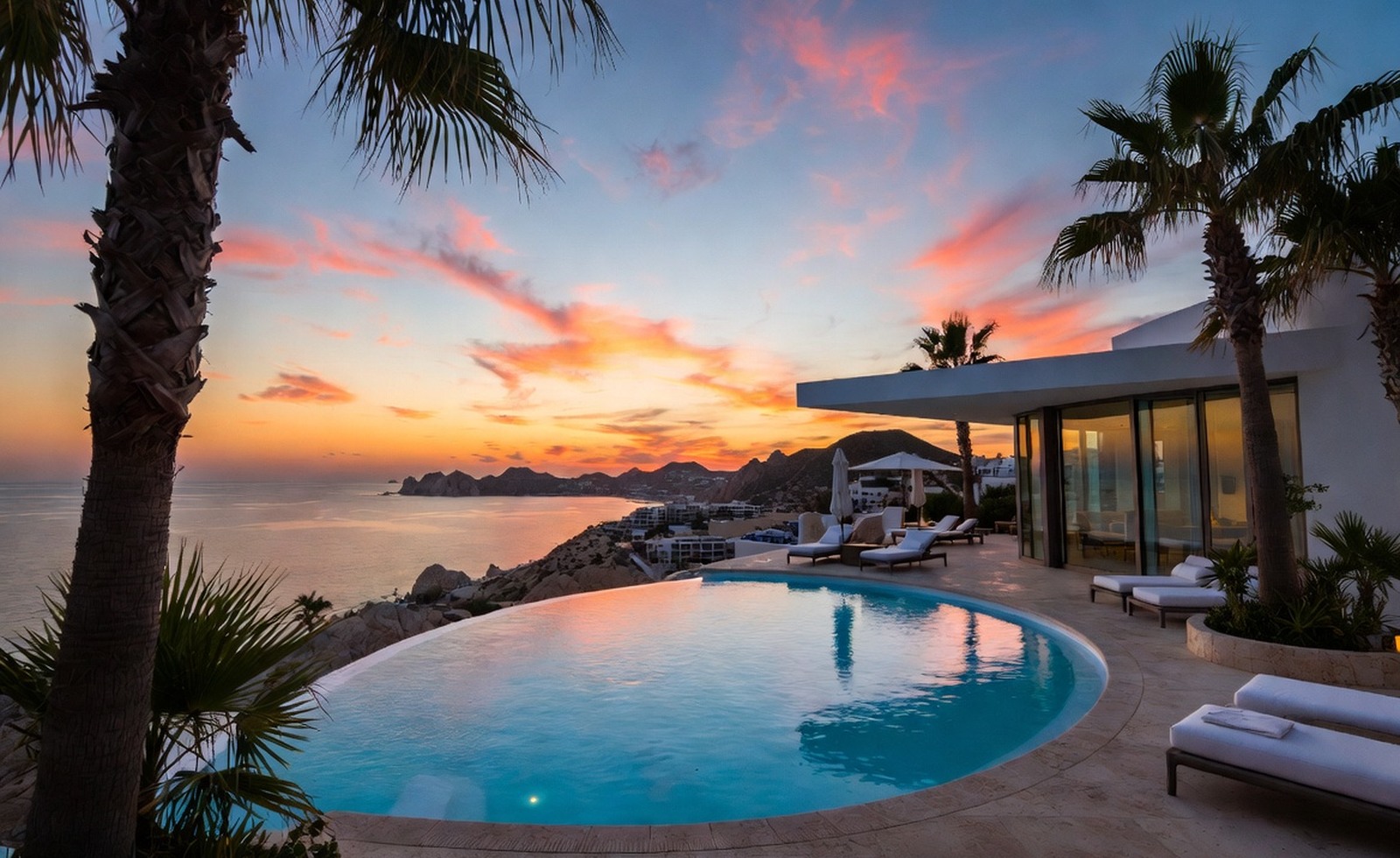 A luxury infinity pool at sunset with palms and an ocean view.