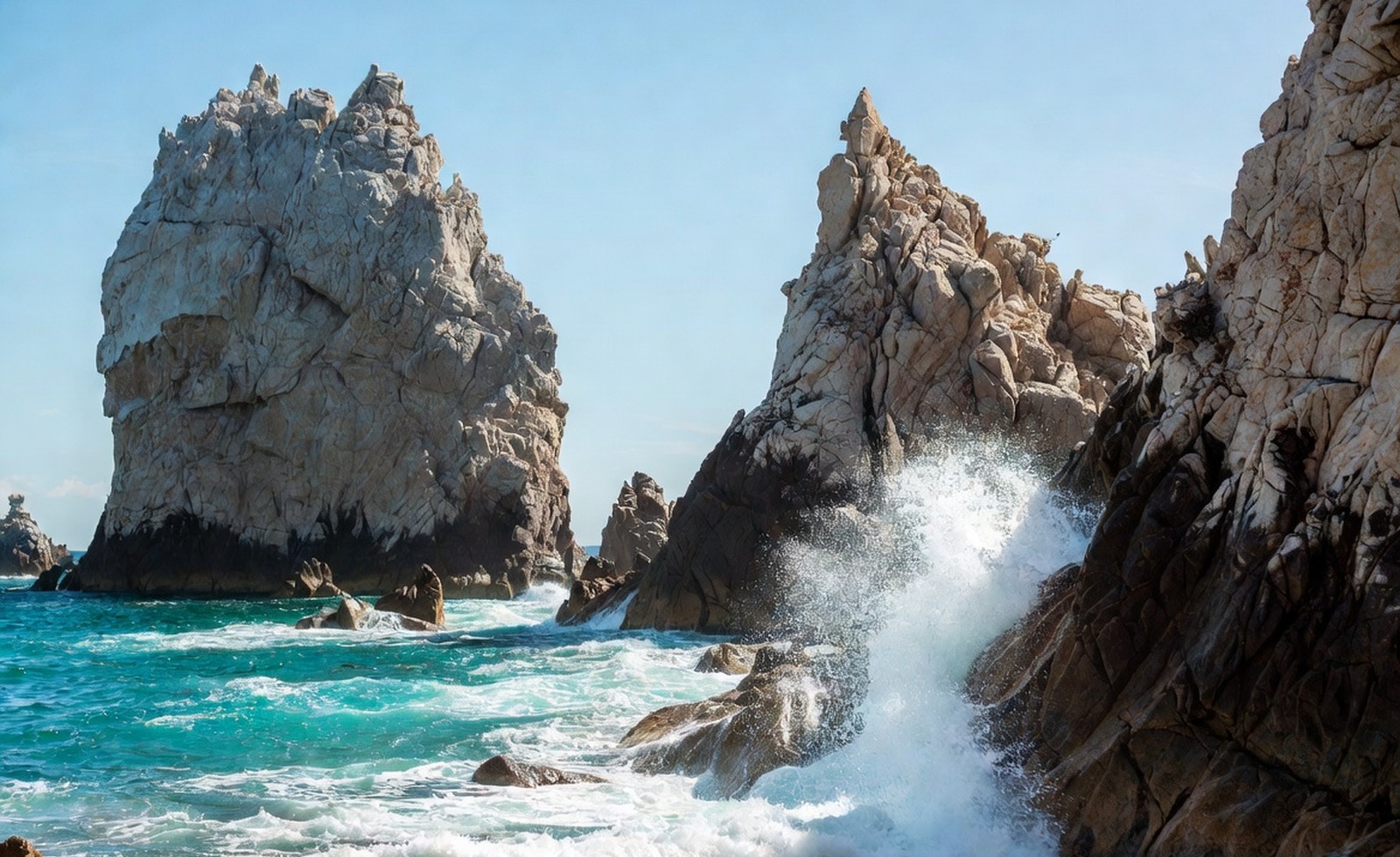 Ocean waves breaking around dramatic coastal arches.